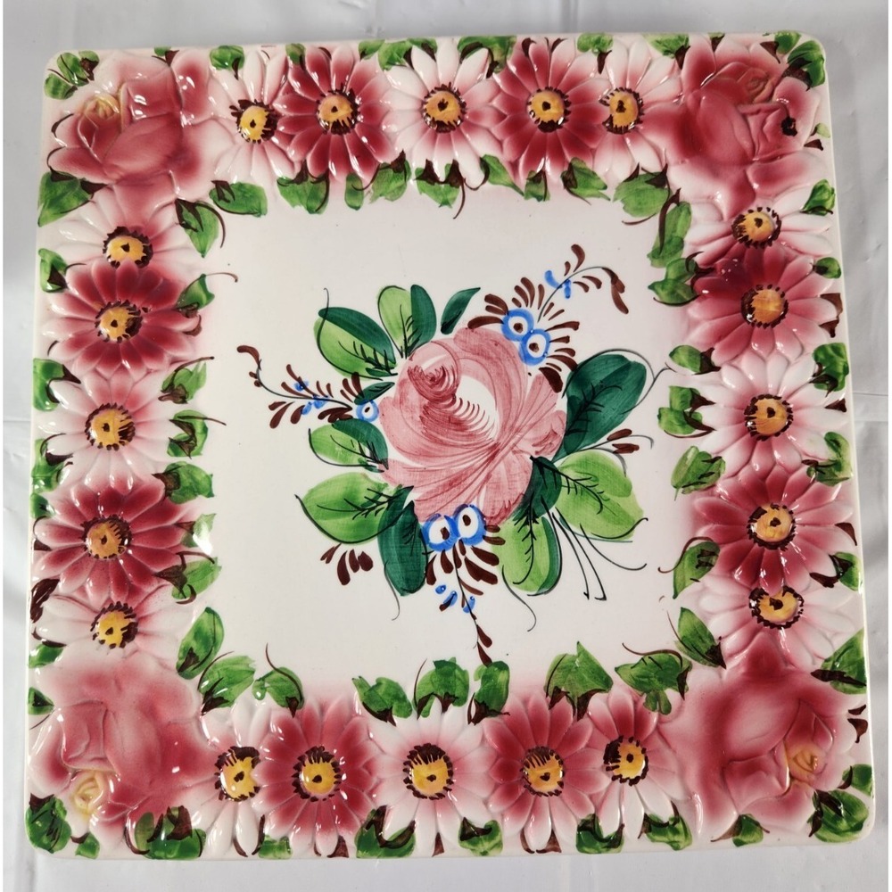 Artist Signed Made in Italy, Hand Painted Vintage Serving Tray, 12x 12"